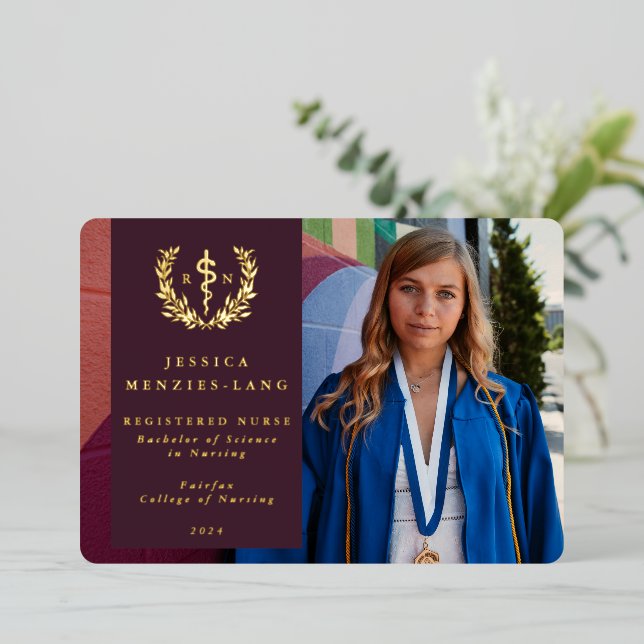 Burgundy RN Asclepius Graduation Announcement (Standing Front)