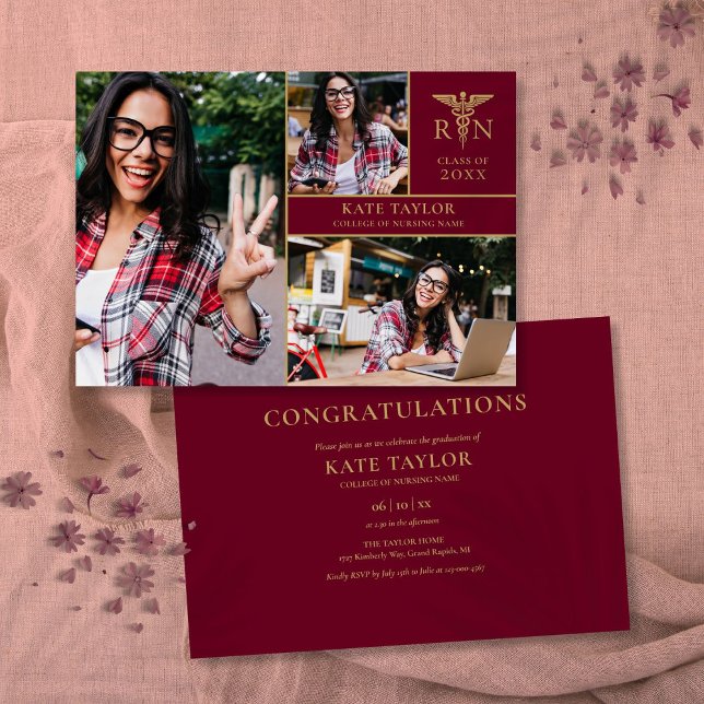 Burgundy RN Nursing 3 Photo Graduation Party Invitation (Burgundy RN Nursing 3 Photo Graduation Party Invitation)