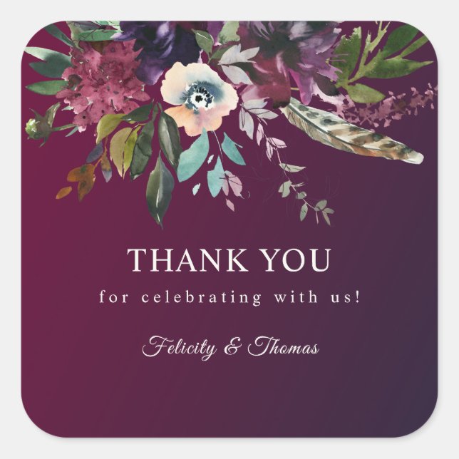 Burgundy Romance Watercolor Floral Thank You Square Sticker (Front)