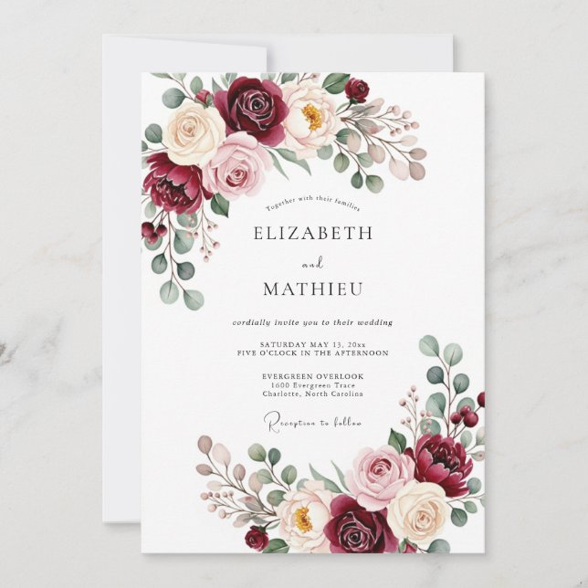 Burgundy Romantic Blossom Wedding Invitation (Front)