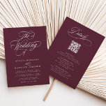 Burgundy Romantic Calligraphy All In One Wedding  Invitation<br><div class="desc">This burgundy and white all in one wedding invitation featuring elegant and romantic swirly calligraphy lettering with a RSVP and a QR Code on the back. For more advanced customisation of this design,  please click the BLUE DESIGN TOOL BUTTON above!</div>