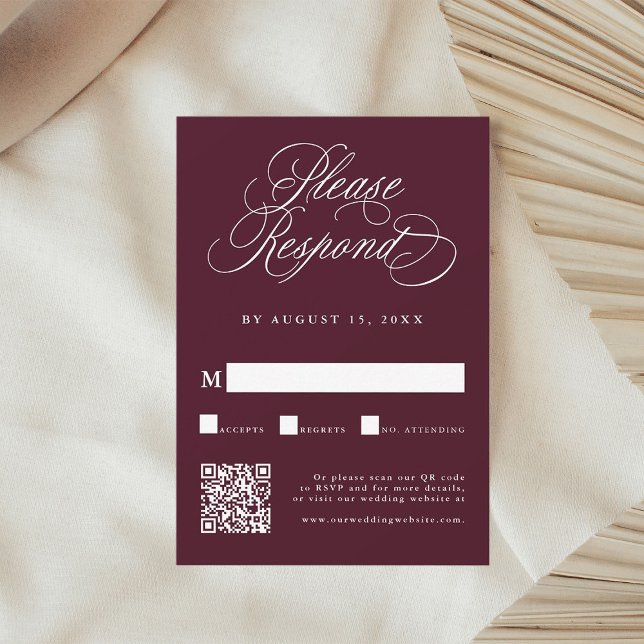 Burgundy Romantic Calligraphy Wedding QR Code RSVP Card (Creator Uploaded)