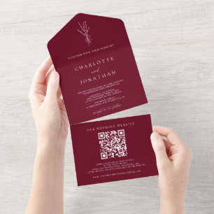 Burgundy Romantic Elegant Botanical Wedding All In One Invitation