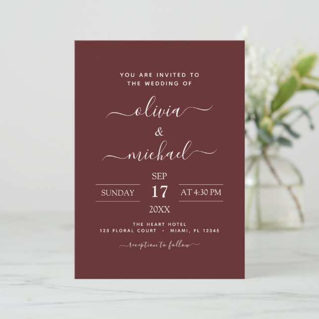 Burgundy Romantic Wedding Modern Typography Invitation (Standing Front)