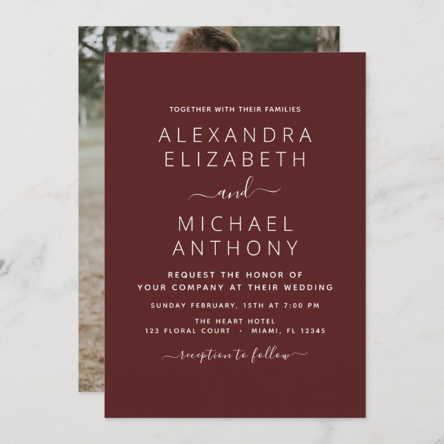 Burgundy Romantic Wedding with Photo Invitation (Front/Back)