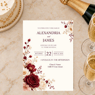 Burgundy Rose and Ivory Floral Wedding Invitation