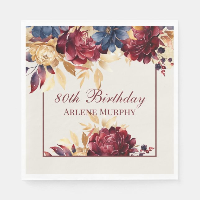 Burgundy Rose and Navy 80th Birthday Napkin (Front)
