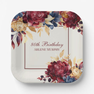 Burgundy Rose and Navy 80th Birthday Paper Plate