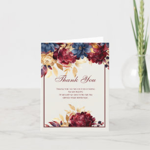 Burgundy Rose and Navy Birthday Thanks Thank You Card