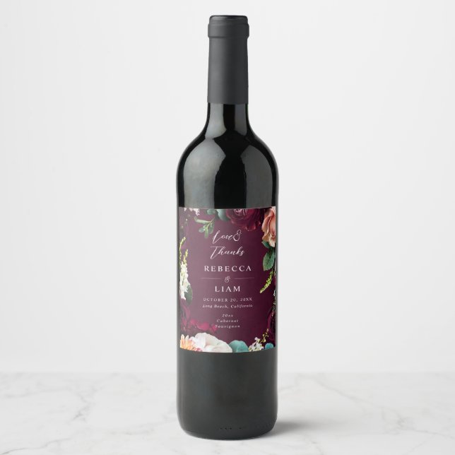 Burgundy Rose and Ranunculus Wedding Wine Label (Front)