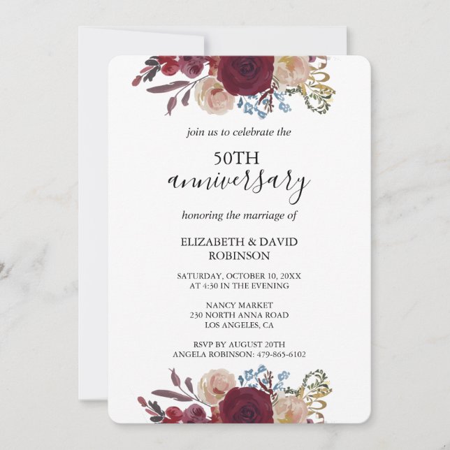 burgundy rose Black 50th anniversary wedding Invitation (Front)