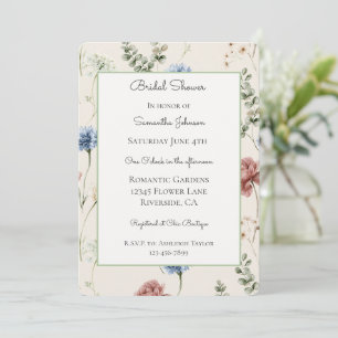 Burgundy Rose Blue White Floral Bridal Shower Invitation