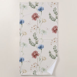 Burgundy Rose Blue White Flowers Butterfly Beach Towel