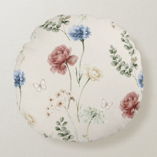 Burgundy Rose Blue White Flowers Butterfly Round Cushion