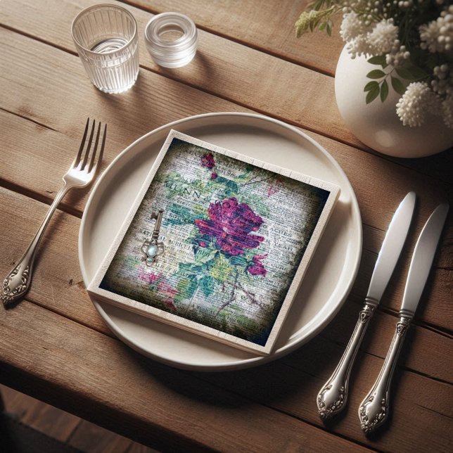 Burgundy Rose Botanical Grunge Ephemeral Decoupage Napkin (Creator Uploaded)