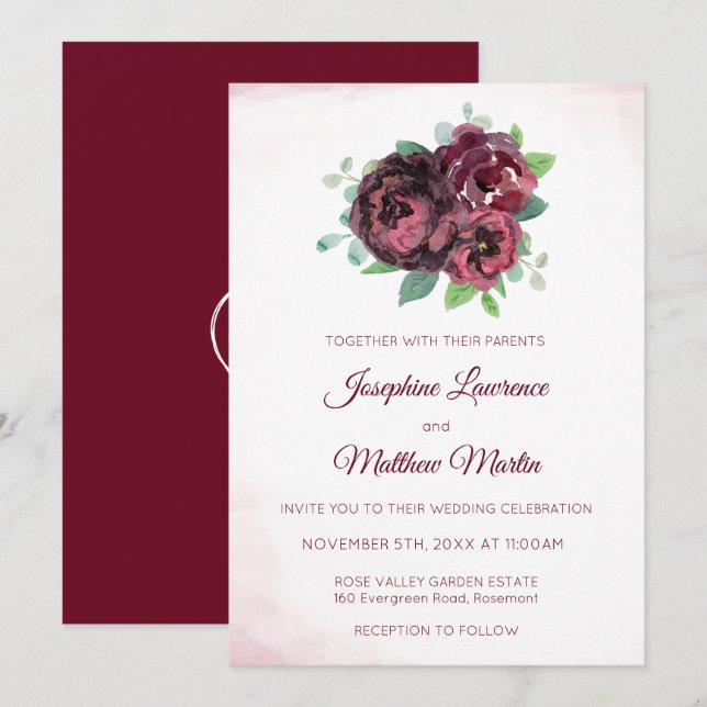 Burgundy Rose Bouquet Monogram Wedding Invitations (Front/Back)