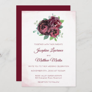 Burgundy Rose Bouquet Monogram Wedding Invitations