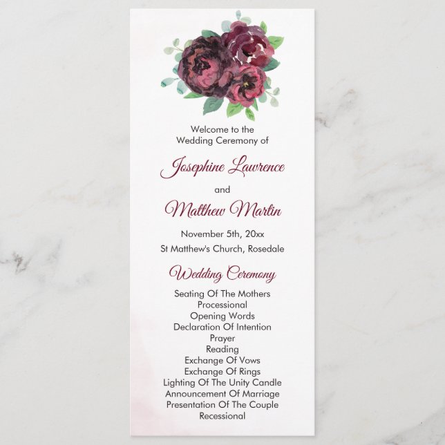 Burgundy Rose Bouquet Wedding Ceremony Programme (Front)