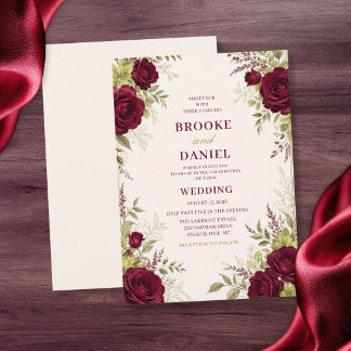 Burgundy Rose Chartreuse Greenery Elegant Wedding Invitation