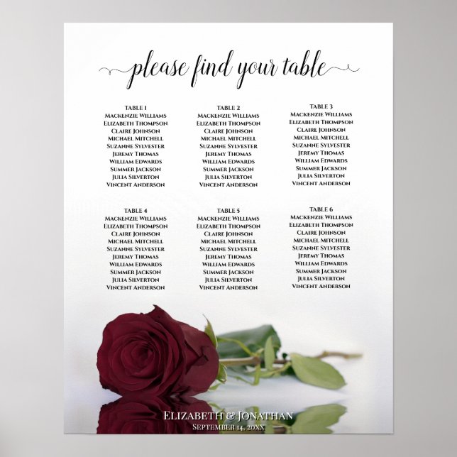 Burgundy Rose Chic 6 Table Wedding Seating Chart (Front)