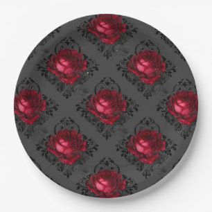 Burgundy Rose Elegant Gothic Pattern   Halloween Paper Plate