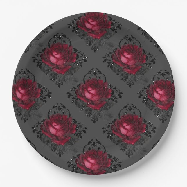 Burgundy Rose Elegant Gothic Pattern | Halloween Paper Plate (Front)