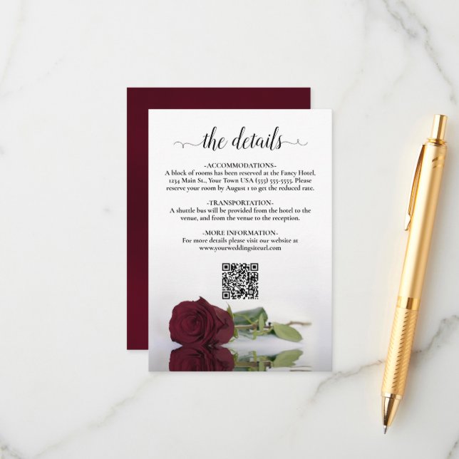 Burgundy Rose Elegant Wedding Details QR Code Enclosure Card (Front/Back In Situ)