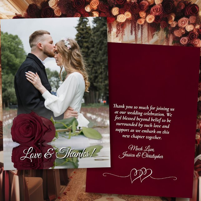 Burgundy Rose Elegant Wedding Photo Overlay Thank You Card (Front/Back)