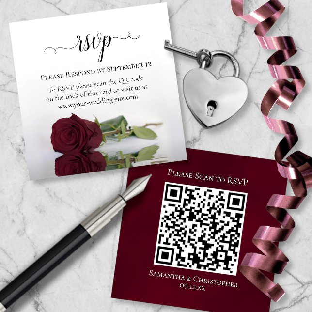 Burgundy Rose Elegant Wedding RSVP QR Code Enclosure Card (Front/Back)