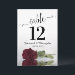 Burgundy Rose Elegant Wedding Table Number Large<br><div class="desc">These beautiful table number cards will make it easy for your guests to find their seats at your wedding reception. Features a gorgeous design with lacy script calligraphy and a single burgundy, maroon, or wine red coloured rose lying on its side with ripples waves and reflections. There is space for...</div>