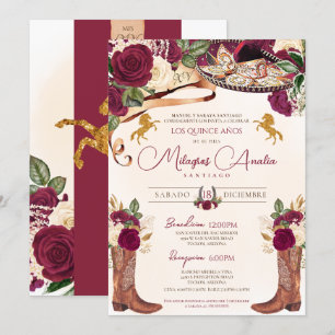 Burgundy Rose Elegant Western Charro Quinceañera Invitation