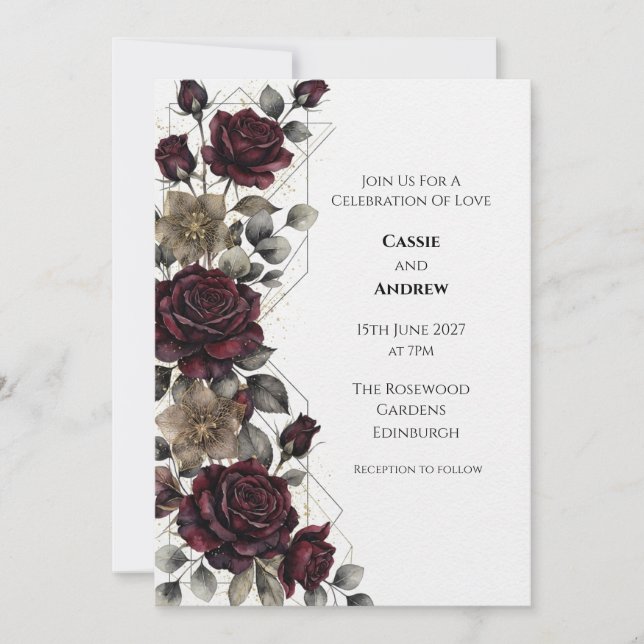 Burgundy Rose Eucalyptus Wedding Invitation (Front)