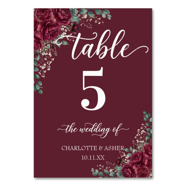 Burgundy Rose Eucalyptus Wedding Table Number (Front)