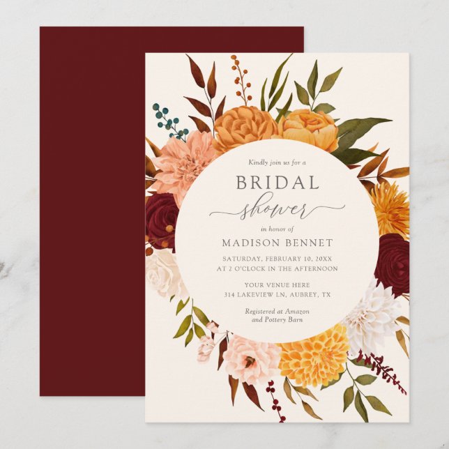 Burgundy Rose Fall Floral Bridal Shower Invitation (Front/Back)