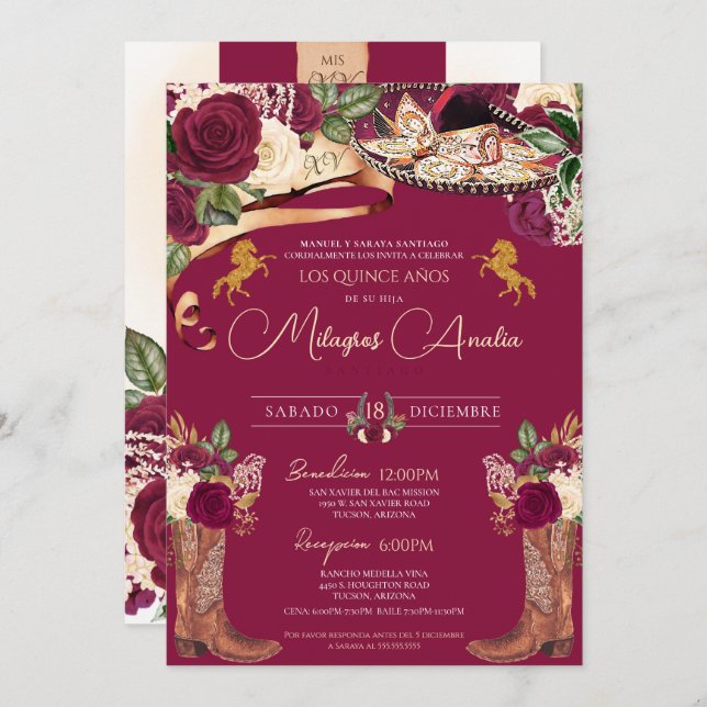Burgundy Rose Fancy Mariachi Charro Quinceanera Invitation (Front/Back)