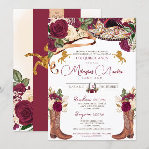 Burgundy Rose Fancy Western Charro Quinceanera Invitation