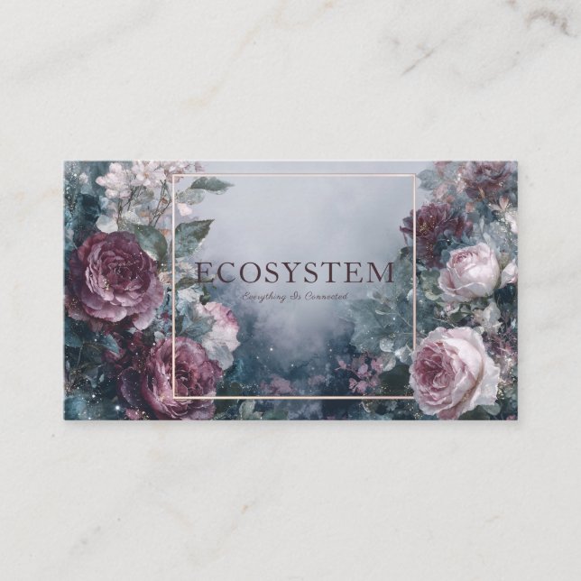 Burgundy Rose Floral and Ethereal Mist Gold Frame Business Card (Front)