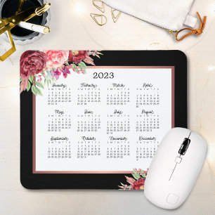 Burgundy Rose Floral Black 2023 Calendar Mouse Mat