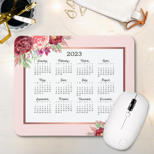 Burgundy Rose Floral Blush Pink 2023 Calendar Mouse Mat (Creator Uploaded)