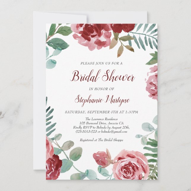 Burgundy Rose Floral Botanical Bridal Shower Invitation (Front)