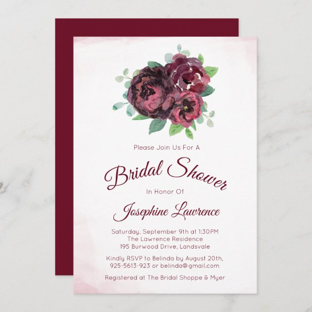 Burgundy Rose Floral Bridal Shower Invitations (Front/Back)