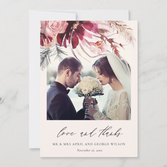 Burgundy Rose Floral Pampas Grass Photo Wedding Thank You Card (Front)