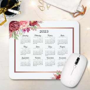 Burgundy Rose Floral Rose Gold 2023 Calendar Mouse Mat
