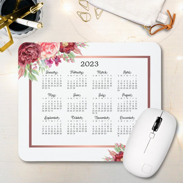 Burgundy Rose Floral Rose Gold 2023 Calendar Mouse Mat (Creator Uploaded)