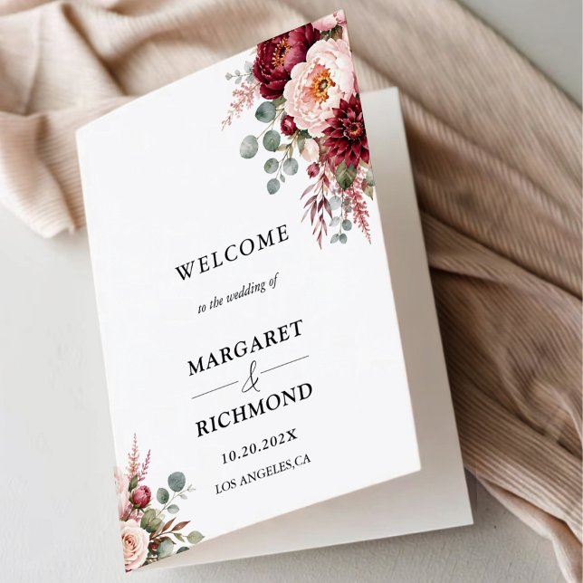 Burgundy Rose Floral Rustic Folded Wedding Program Card (Creator Uploaded)