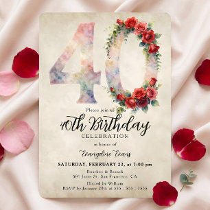 Burgundy Rose Floral Watercolor 40th Birthday Invitation