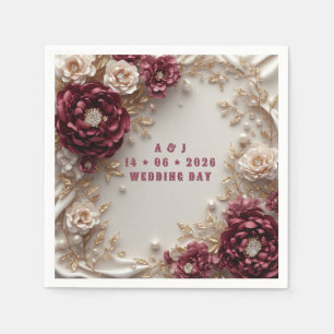 Burgundy Rose Floral Wedding Gold Accents Napkin