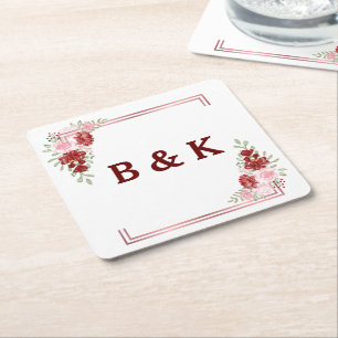 Burgundy & Rose Floral Wedding Square Paper Coaster