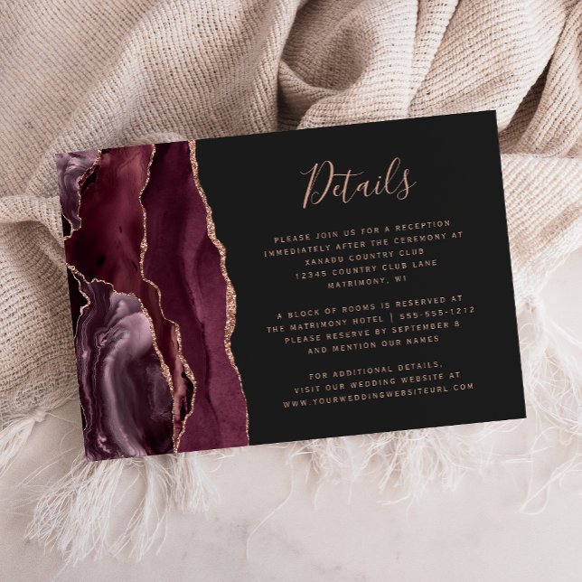 Burgundy Rose Gold Agate Dark Wedding Details Enclosure Card (Creator Uploaded)