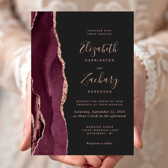 Burgundy Rose Gold Agate Dark Wedding Invitation (Creator Uploaded)